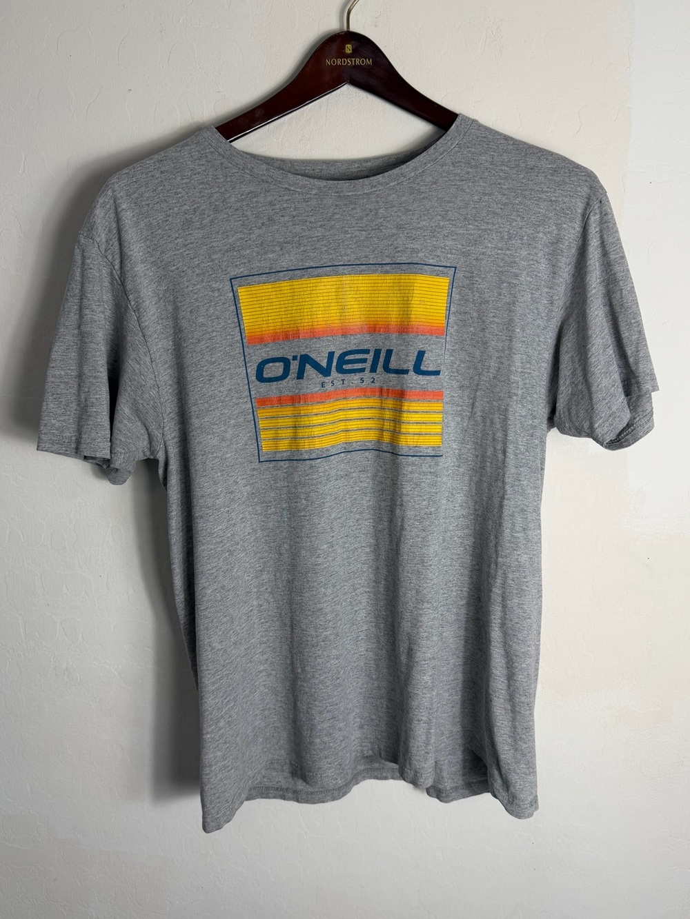 O'Neill Gray Tee with Yellow and Blue Logo Stripes